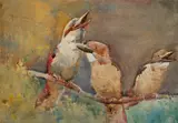 Kookaburras by Sydney Long, 1910, watercolour and gouache on paper on card, sold Jul 2022