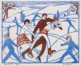 Skating by Eveline Winifred Syme, 1929, colour linocut, sold May 2022
