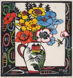 Pink Jug (Anemone) by Margaret Preston, 1925, hand–coloured woodcut, sold May 2022