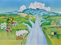 Hawke’S Bay Landscape by Rita Angus, c.1955, oil on canvas board, sold May 2022