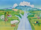 Hawke’S Bay Landscape by Rita Angus, c.1955, oil on canvas board, sold May 2022