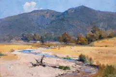 Out Of The Purple Mountains It Gets Its Waters by Arthur Streeton, 1928, oil on canvas on composition board, sold May 2022