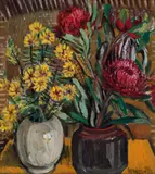 Waratahs And Pultenaea by Margaret Preston, 1955, oil on canvas, sold May 2022