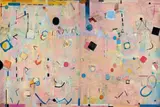 The Jugglers by Yvonne Audette, 1967, oil and collage on plywood (diptych), sold May 2022