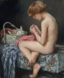 Young Girl Sewing by Janet Agnes Cumbrae Stewart, 1926, pastel on paper, sold May 2022
