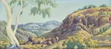 Ghost Gum And Mountain Range by Albert Namatjira, watercolour on paper on card, sold Mar 2022