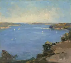 Grey Day, Sydney Harbour (View Of North Head, Rose Bay) by Penleigh Boyd, 1922, oil on canvas, sold Feb 2022