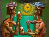 The Card Players by Albert Tucker, 1961 - 73, oil on composition board, sold Feb 2022