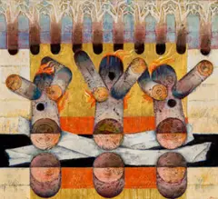 Before The Fire by Leonard French, 1974 - 78, from the FIRE AND RAIN series synthetic polymer paint and enamel on hessian on board, sold Feb 2022