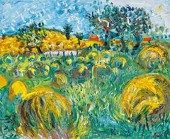 Haystacks by John Perceval, 1972, oil on canvas, sold Feb 2022