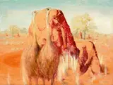 Emus And Anthills by Clifton Pugh, 1964, oil and enamel on composition board, sold Feb 2022