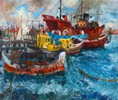 Old Ships At Williamstown by John Perceval, 1959, oil on canvas on composition board, sold Dec 2021