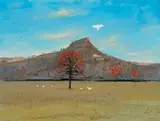 Pulpit Rock With Flame Trees And Cockatoos by Arthur Boyd, c.1982, oil on canvas, sold Dec 2021
