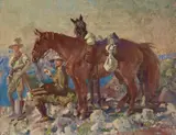Artist And His Batman, Light Horse Calvary, Jerusalem Heights by George Washington Lambert, 1920, oil on canvas on plywood, sold Dec 2021