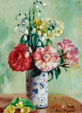 Camellias And Mixed Flowers In A Delft Vase by Nora Heysen, oil on canvas on board, sold Dec 2021