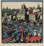 Circular Quay, Sydney by Margaret Preston, 1925, hand-coloured woodcut, sold Dec 2021