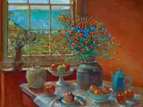 Still Life With Harbour View by Margaret Olley, c.1995, oil on composition board, sold Nov 2021