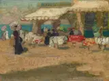 On The Molo, Venice (Verso: Landscape) by E. Phillips Fox, 1907, oil on wood, sold Nov 2021