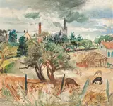 Oakleigh Landscape by John Perceval, 1946, oil on canvas on cardboard, offered Nov 2021