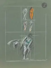 Figure en mouvement by Ferit Iscan, 1966, Mine de plomb et crayon gras sur papier vert, sold Oct 2025