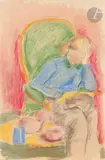 Femme lisant avec un chat by Henryk Hayden, 1946, Mine de plomb et pastel, sold Sep 2025