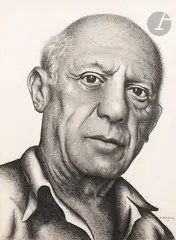 Portrait de Picasso by Georges Bauquier, 1951, Crayon noir sur papier, sold Sep 2025