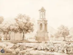 Vue des monuments romains de Glanum à Saint-Rémy-de-Provence by Lancelot Théodore Turpin de Crissé, Plume, encre brune et lavis brun sur traits de crayon noir, sold Sep 2025