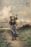 Paysanne au pot by Georges Laugée, Aquarelle et fusain, sold Jul 2025