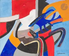 Composition by James Pichette, Gouache sur papier contrecollé sur toile, sold Jul 2025