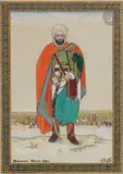 L'Emir Abdelkader by Mohammed Racim, Gouache, aquarelle et rehauts d'or sur papier, sold Jun 2025