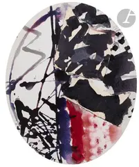 Composition by Raymonde Godin, 1989, Acrylique et collages sur toile ovale, sold Jun 2025