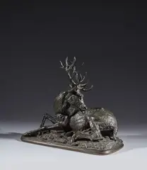 Cerf se léchant le flanc Modèle créé vers 1835 by Christophe Fratin, Bronze à patine brune, sold May 2024