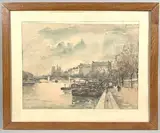 Paris, péniches à quai, Notre-Dame by Georges Dominique Rouault, Aquarelle, sold Apr 2024