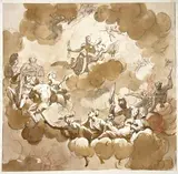 L'assemblée des dieux by Jean Girardet, Plume et encre noire, lavis brun et sanguine sur traits de crayon noir, sold Mar 2024