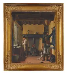Le départ pour la chasse by Abner Leroy, 1829, Toile d'origine, sold Dec 2023