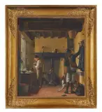 Le départ pour la chasse by Abner Leroy, 1829, Toile d'origine, sold Dec 2023