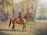Philippe Vernes montant Flatteur dans la forêt de Saint-Germain-en-Laye by Karl Reille, Aquarelle avec rehauts de gouache, sold Jun 2022