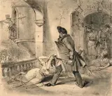Louis-Philippe tuant la Constitution en 1848 by Jean Ignace Granville, Plume et encre brune, crayon noir, estompe, sold Jun 2022