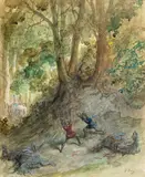 Illustration pour le Roland furieux de l'Arioste, Chant I, 17 : « Ils commencèrent un combat furieux avec leurs épées nues, à pieds comme ils se trouvaient by Gustave Doré, Crayon, aquarelle, sold Jun 2022