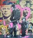 Charlie Chaplin and kid by Thierry Guetta, 2011, Acrylique, papier déchiré sérigraphié et pochoir sur bois, sold Dec 2022