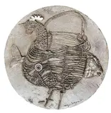 Coq et poisson by Roger Bezombes, Panneau sculpté de forme ronde, en bois laqué en argent, sold Oct 2022