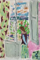 Cannes, femme à la fenêtre by Jules Cavaillès, Gouache signée en bas à droite, sold Oct 2022