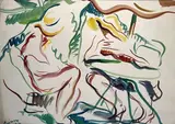 Deux femmes au jardin by Jean Aujame, 1930, Aquarelle, sold Oct 2022