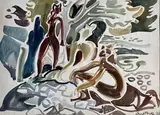 Femmes au jardin by Jean Aujame, 1948, Aquarelle, sold Oct 2022