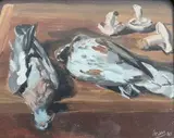 Nature morte aux pigeons et champignons by Gaston Robbe, Gouache, sold May 2022