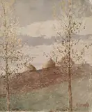 Meules de foin by Alexandre Genaille, Aquarelle sur papier signée en bas à droite En partie contrecollée, décadré, sold Feb 2025