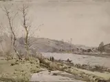 Trois paysages boisés Aquarelles by Ernest Designolles, Aquarelle Pliures sur les côtés, sold Feb 2025
