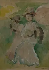 Deux femmes en toilettes tenant une ombrelle by Jacques Villon, Aquarelle sur papier signée et daté en bas à droite (19)00, sold Jan 2025