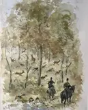 Première chasse à Baudry du rallye de Touraine by Karl Reille, Aquarelle et gouache sur fond lithographié signée en bas à gauche, sold Dec 2024
