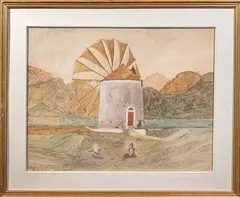 Moulin à vent dans l'île de Lemnos (Asie Mineure), [Grèce] by André Bauchant, 1917, Aquarelle gouachée, sold May 2025